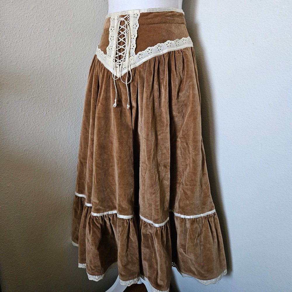 Vintage Gunne Sax Brown Velvet Lace Up Prairie Maxi Skirt Renaissance Boho